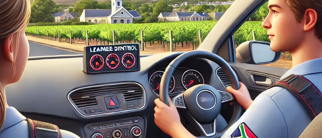 Illustration of a safe driving lesson in Stellenbosch, South Africa, with a licensed instructor and learner driver in a dual-control car, set against a backdrop of Stellenbosch’s vineyards and mountains.