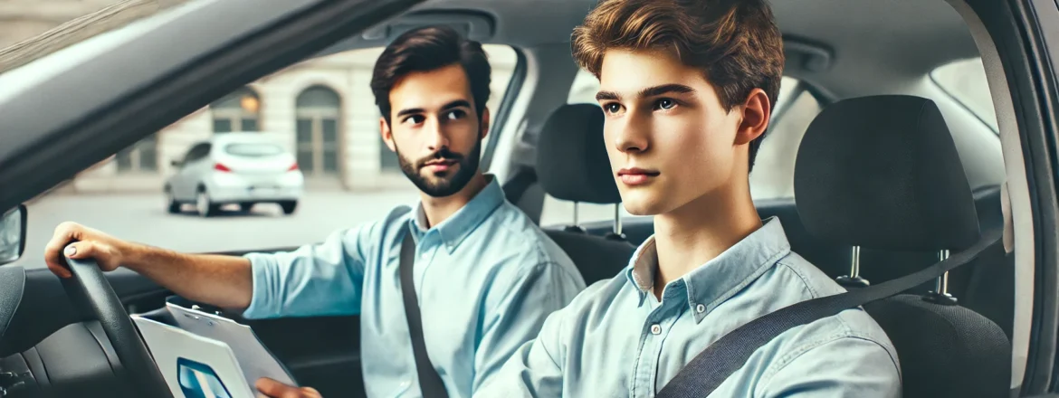 a young driver practicing with an instructor in a car, with the alt text: "Driving test tips to pass on the first try.