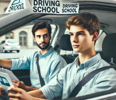 a young driver practicing with an instructor in a car, with the alt text: "Driving test tips to pass on the first try.