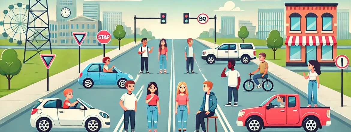 Animated illustration of young drivers practicing defensive driving on a city street, maintaining safe following distances and checking mirrors, with clear lane markings and road signs promoting road safety.