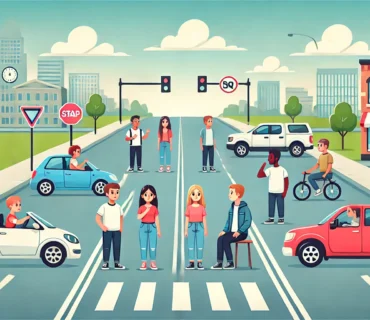 Animated illustration of young drivers practicing defensive driving on a city street, maintaining safe following distances and checking mirrors, with clear lane markings and road signs promoting road safety.