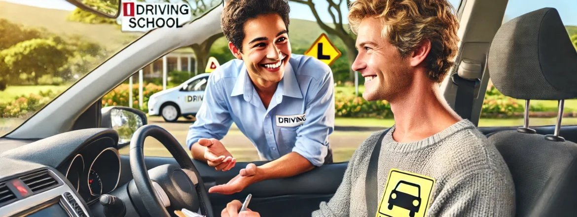 Young student driver in a car with a smiling instructor, representing iDriving School in Durbanville. The instructor points at the dashboard, guiding the attentive student. The car features a learner's symbol, with green trees in the background, emphasising a safe, welcoming learning environment.