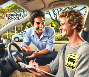 Young student driver in a car with a smiling instructor, representing iDriving School in Durbanville. The instructor points at the dashboard, guiding the attentive student. The car features a learner's symbol, with green trees in the background, emphasising a safe, welcoming learning environment.