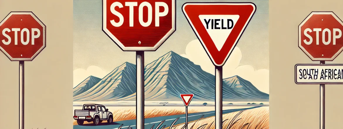 Educational illustration of two essential South African road signs: a red octagonal Stop sign with white 'STOP' text and a red triangular Yield sign with a white background, displayed on a neutral background for easy identification.