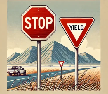 Educational illustration of two essential South African road signs: a red octagonal Stop sign with white 'STOP' text and a red triangular Yield sign with a white background, displayed on a neutral background for easy identification.