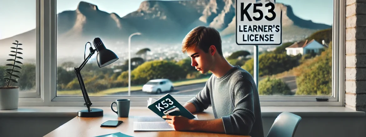 The student studies for the K53 with Table Mountain visible in the background, creating a calm and organized study environment.