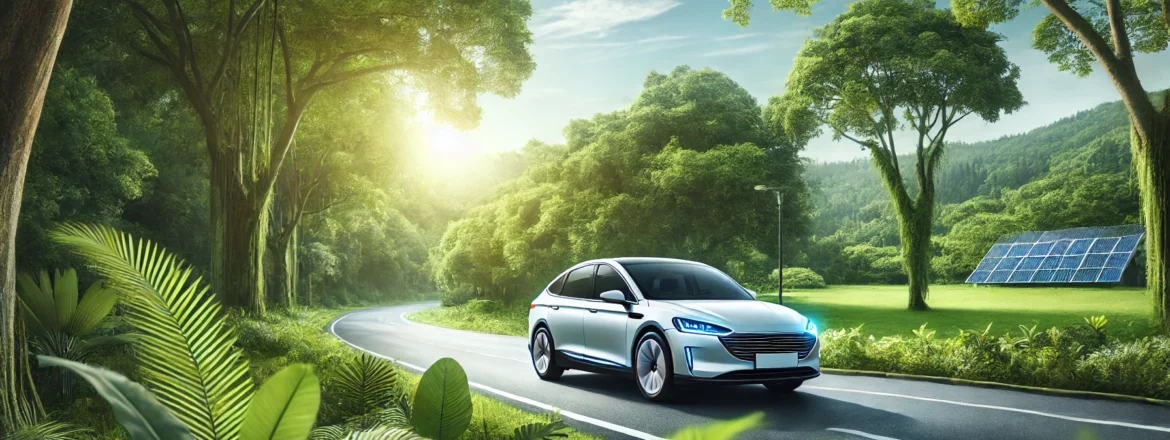 Modern car driving on a clear road with surrounding greenery, symbolizing eco-friendly