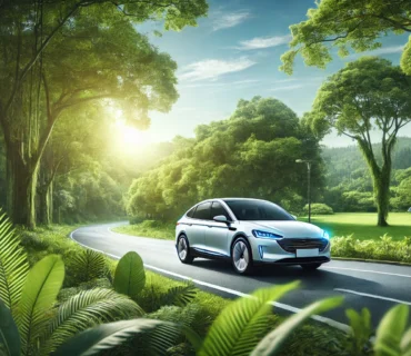 Modern car driving on a clear road with surrounding greenery, symbolizing eco-friendly