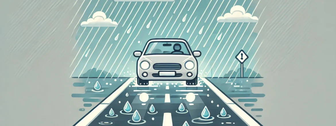 Car driving in rainy weather with wet roads, puddles, and headlights on, illustrating the impact of rain on driving conditions.