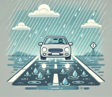 Car driving in rainy weather with wet roads, puddles, and headlights on, illustrating the impact of rain on driving conditions.