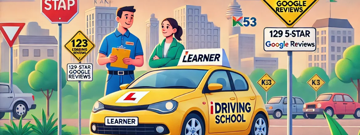 iDriving School car with 'Learner' sign on a South African street, showcasing '129 5-star Google reviews,' with instructor and student practicing K53 training in a safe, welcoming setting.