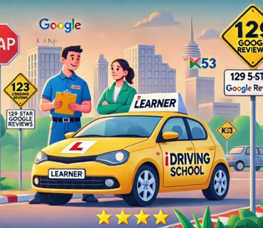 iDriving School car with 'Learner' sign on a South African street, showcasing '129 5-star Google reviews,' with instructor and student practicing K53 training in a safe, welcoming setting.