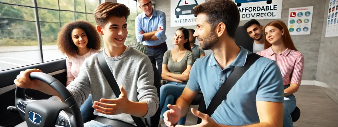 A diverse group of students in a modern driving school setting with an instructor explaining car controls, demonstrating an affordable and accessible learning environment.