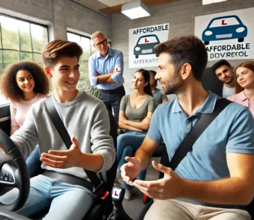 A diverse group of students in a modern driving school setting with an instructor explaining car controls, demonstrating an affordable and accessible learning environment.