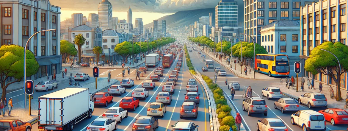 Illustration of a busy Cape Town road during rush hour with traffic tips for driving school learners.