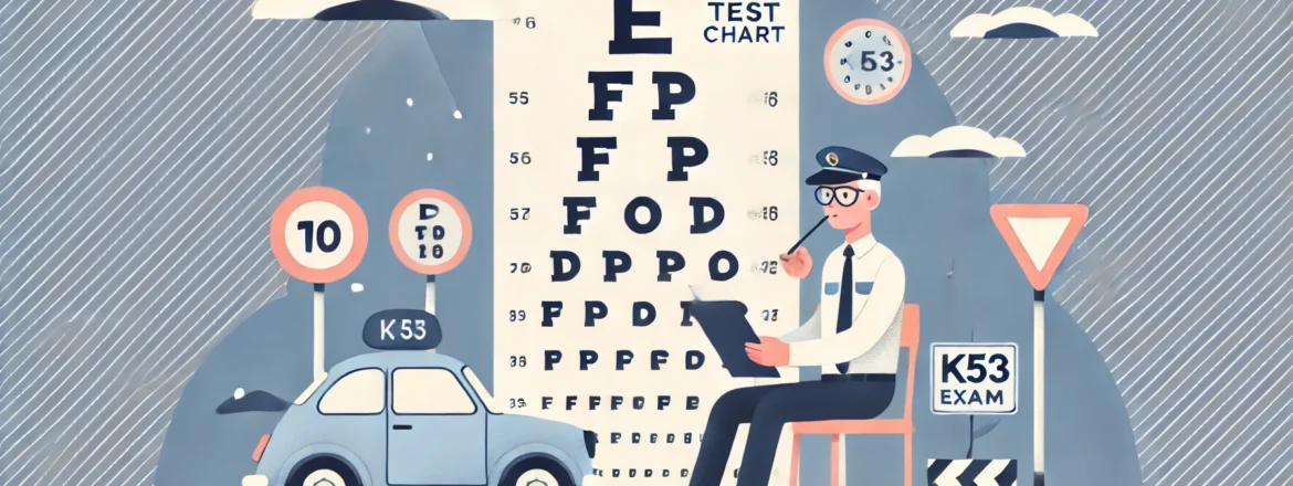 Illustration of an eye test chart with a focus on driving safety and K53 exam preparation.