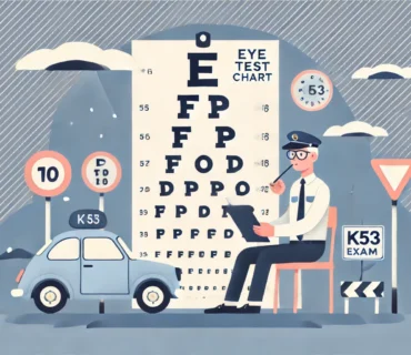 Illustration of an eye test chart with a focus on driving safety and K53 exam preparation.