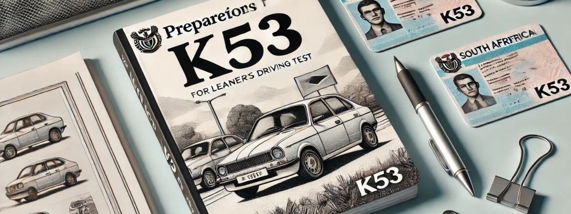 The K53 Book and a learner's licence placed on a desk, symbolizing preparation for the South African driving test.