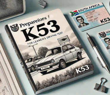 The K53 Book and a learner's licence placed on a desk, symbolizing preparation for the South African driving test.