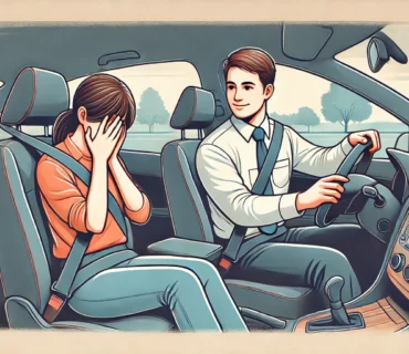 A driving instructor calmly guiding a nervous driver during a lesson, symbolizing supportive training for anxious learners.