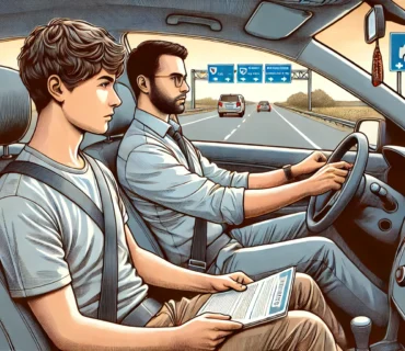 A student learning to drive with an instructor in a car, focusing on essential driving lessons for passing the test.