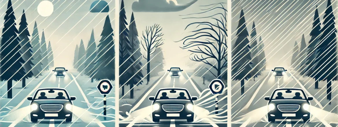 Illustration showing a car driving in adverse weather conditions: rain, wind, and fog. The scene includes safety elements like low-beam headlights, firm steering, and increased following distance.