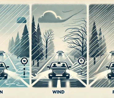 Illustration showing a car driving in adverse weather conditions: rain, wind, and fog. The scene includes safety elements like low-beam headlights, firm steering, and increased following distance.