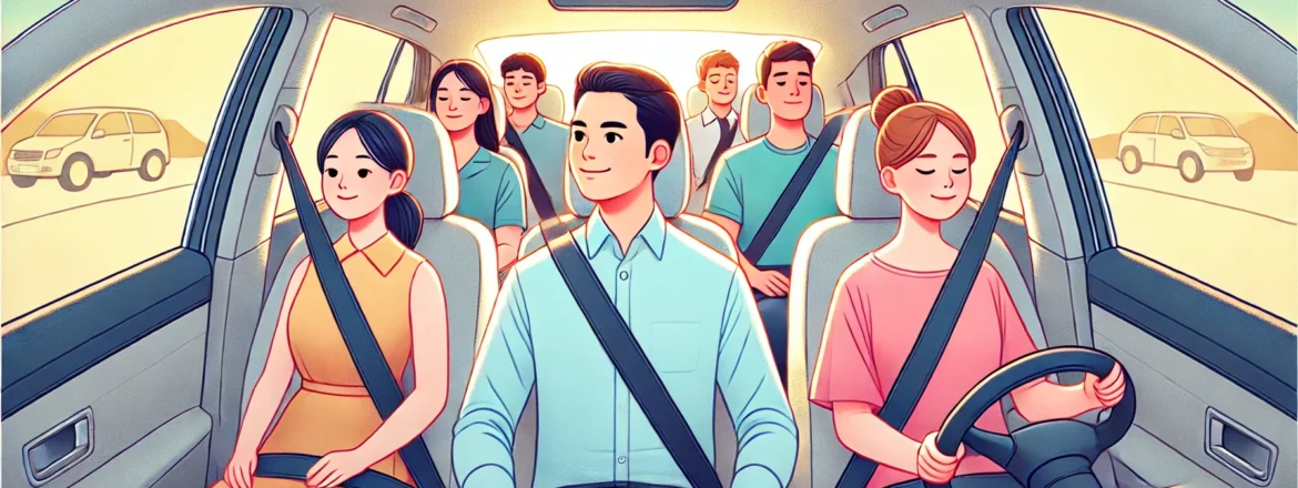 Illustration of a safe car ride, emphasizing passenger safety and driving etiquette.