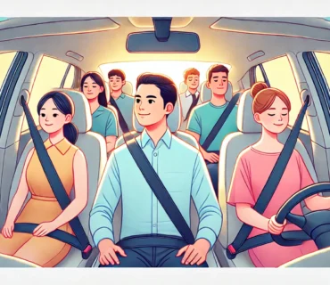 Illustration of a safe car ride, emphasizing passenger safety and driving etiquette.