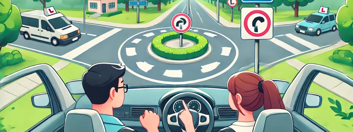 A driving instructor guiding a student on how to navigate a roundabout.