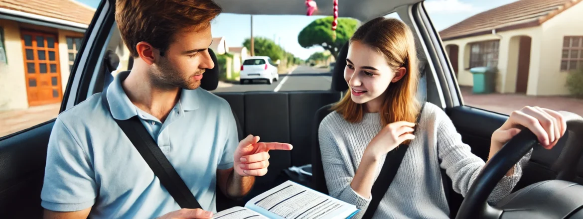 Driving instructor inside a car demonstrating K53 driving rules to a learner driver during their first lesson. The instructor is pointing to a manual while the learner listens attentively, with a suburban neighborhood visible through the windshield. The atmosphere is calm and supportive, highlighting the guidance provided during a driving lesson.