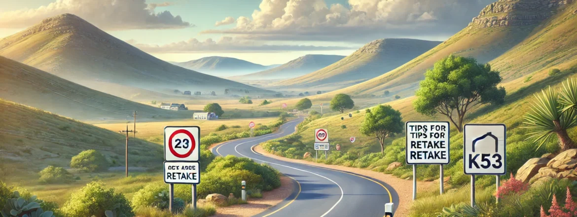 Scenic landscape of the Western Cape in South Africa with a curving road, road signs, rolling hills, and distant mountains under a clear sky, symbolizing a journey for retaking the K53 driving exam.