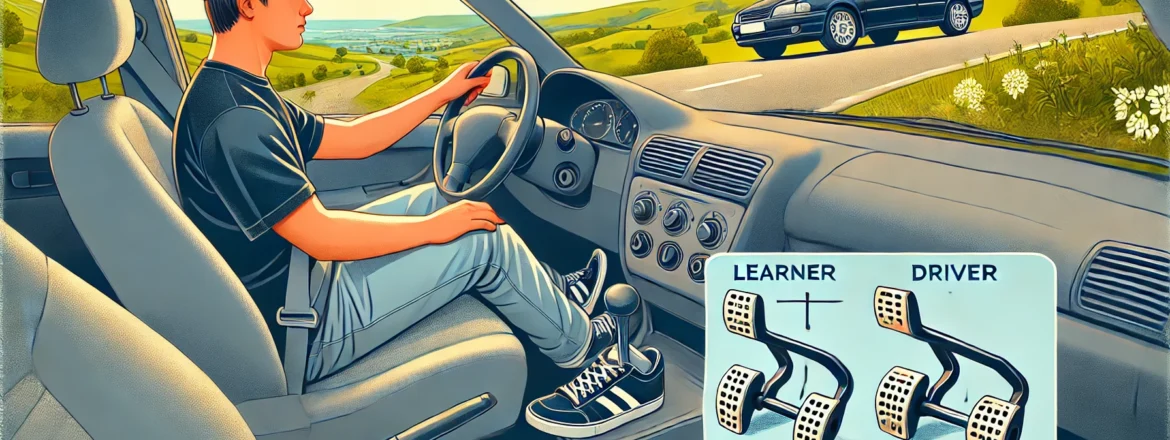 An animated illustration showing a learner driver practicing a hill start in a manual car. The car is positioned on a sloped road against a backdrop of sunny skies and green hills. Inside the car, the clutch, accelerator, and brake pedals are prominently displayed, emphasizing their role in the hill start process. The driver appears focused and composed, with the dashboard and steering wheel partially visible. The image captures a teaching moment in a realistic and instructional setting, ideal for learners