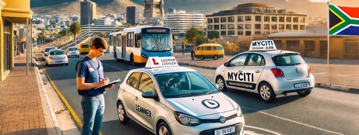 Learner attending a driving lesson in Cape Town, South Africa, with a compact car and driving instructor. In the background, various transport options are visible, including a MyCiTi bus, a minibus taxi, and a ride-hailing car. The scene features the iconic Table Mountain and urban streets typical of Cape Town, under a clear blue sky, with people going about their daily activities.