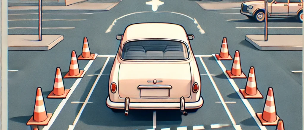 A simple animated illustration of a car reversing into a parking bay during an alley docking practice, with guiding cones and a neutral background for easy understanding.