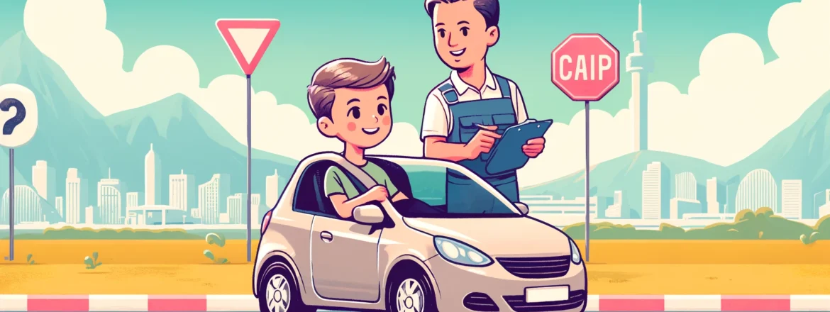 An animated image of a driving instructor teaching a student in an automatic car.