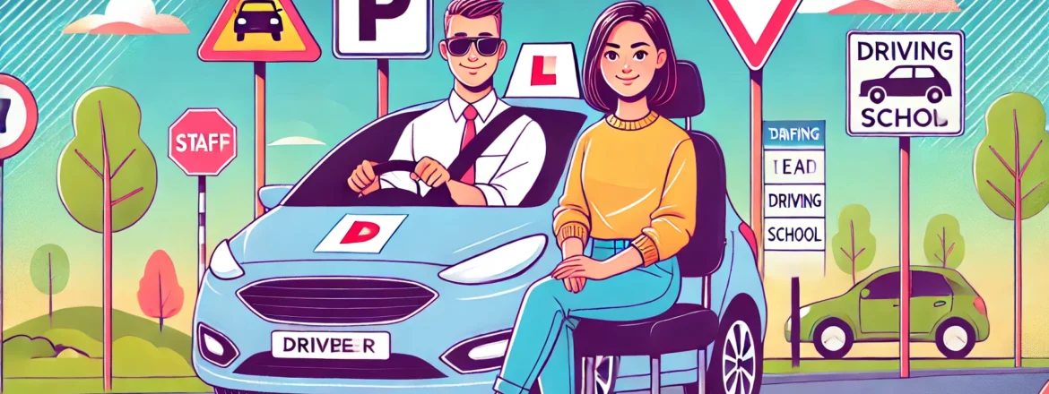 Illustration of a learner driver and a driving instructor in a car surrounded by road signs, showcasing a professional driving school environment.