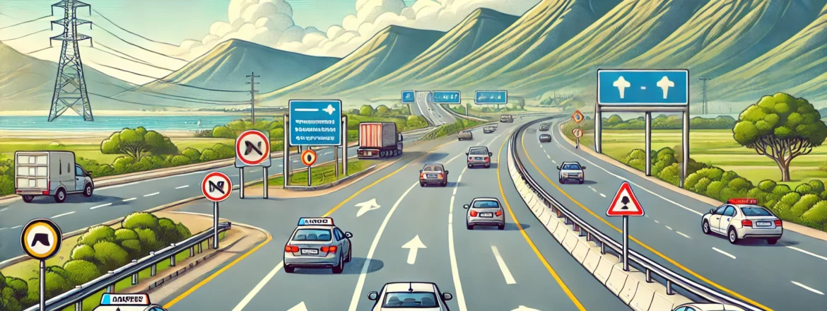 Illustration of safe driving on a multi-lane highway in Western Cape, South Africa, featuring vehicles maintaining proper lane discipline, traffic signs, and a scenic mountain backdrop.